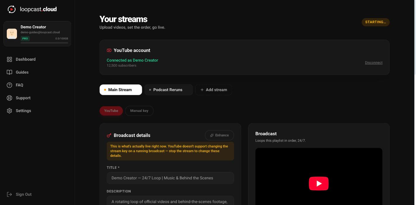 Go Live 클릭 직후 "Starting…"을 표시하는 스트림 상태 배지