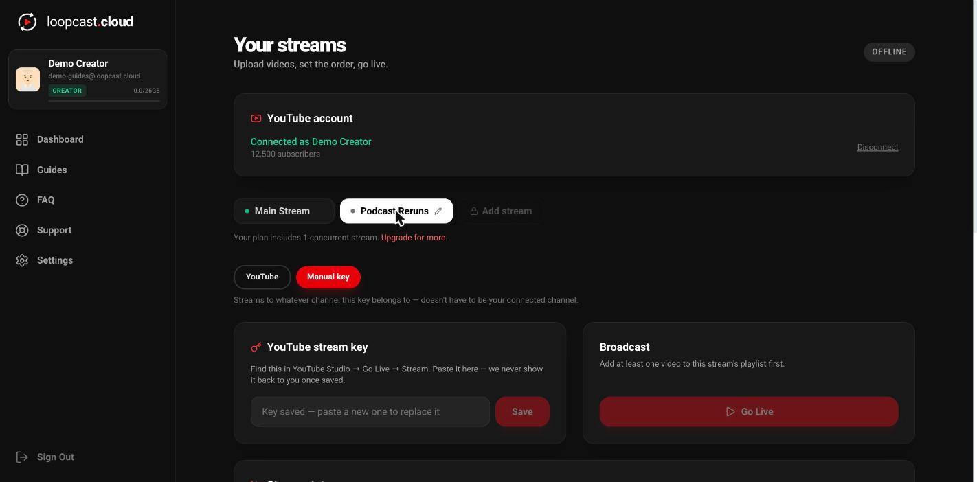 Multiple stream tabs in the dashboard, one currently selected
