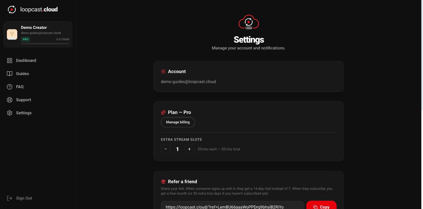 The Extra stream slots stepper in Settings, showing the per-slot price and a running total