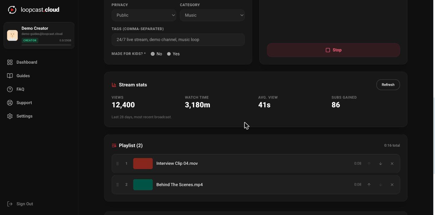 Stream stats showing views, watch time, average view, and subscribers gained