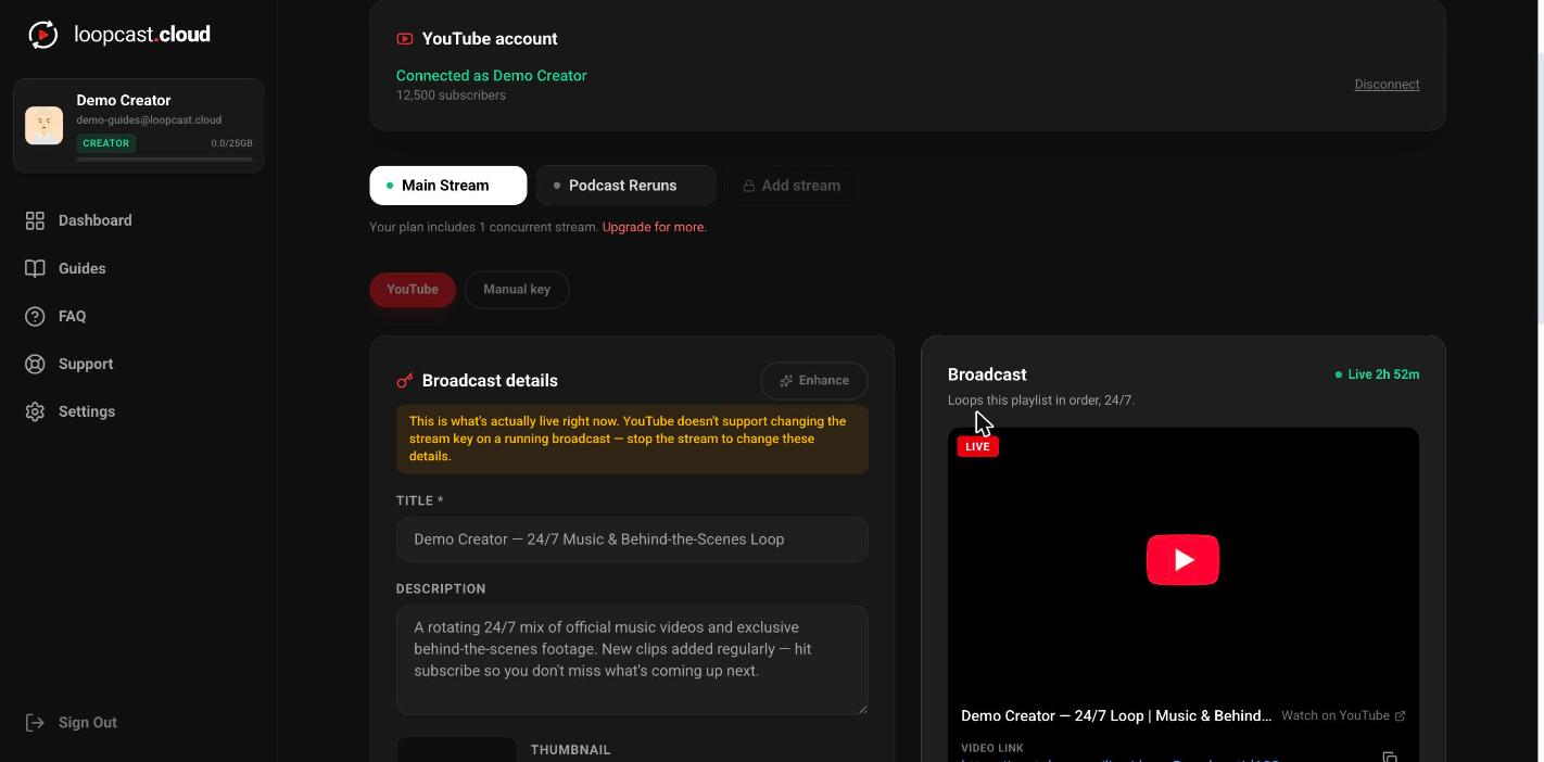 Broadcast details with the Enhance button, showing a suggested title and description